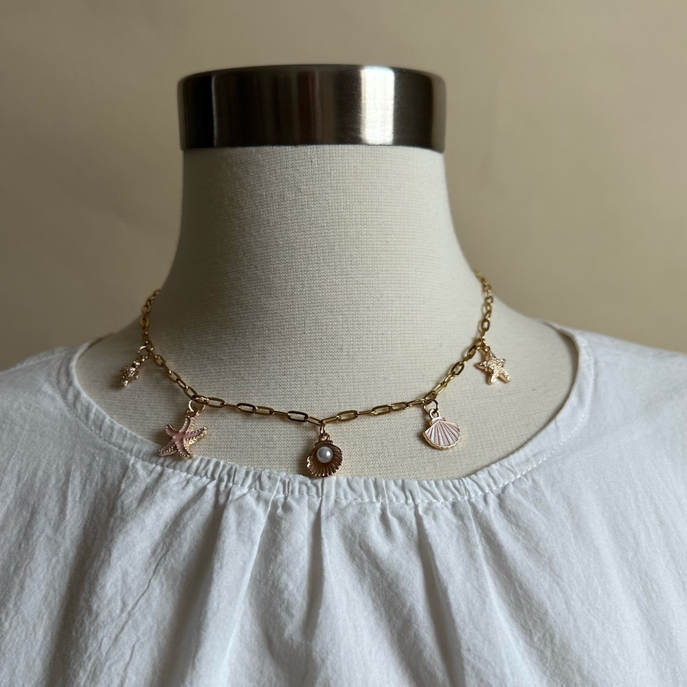 Gold Stainless Steel Charm Necklace / 16 Inches / 5 Charms